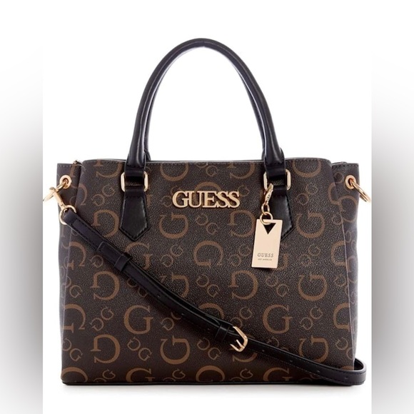 GUESS Women’s Evie Satchel Hand Bag In Signature Black Brown - Picture 4 of 5